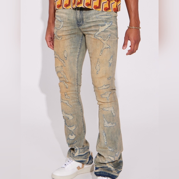 NOVA MEN No Cap Stacked Skinny Flare Jeans Medium Wash GFN64 Mens SZ 34 - Picture 2 of 4